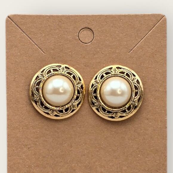Pearl Button Gold Filigree Stud Earrings – Victorian Revival 1928 Style - Picture 2 of 7